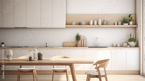 Blur background interior design, scandinavian minimalistic classic kitchen with wooden and white details, 3d illustration