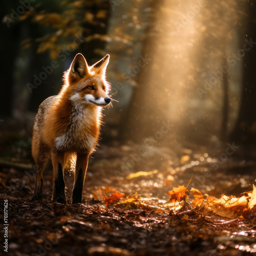 realistic fox with bushy tail and black ears, walking on a dirt path through a forest with tall trees and colorful leaves, with rays of sunlight and mist creating magical atmosphere © wiparat