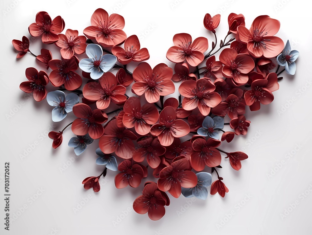 A beautiful heart shape of flowers on a white background. Greetings card for valentines day, mothers day, birthday or wedding with copy space.