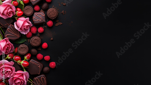 Rose flowers and chocolate. Valentines day copy space top view