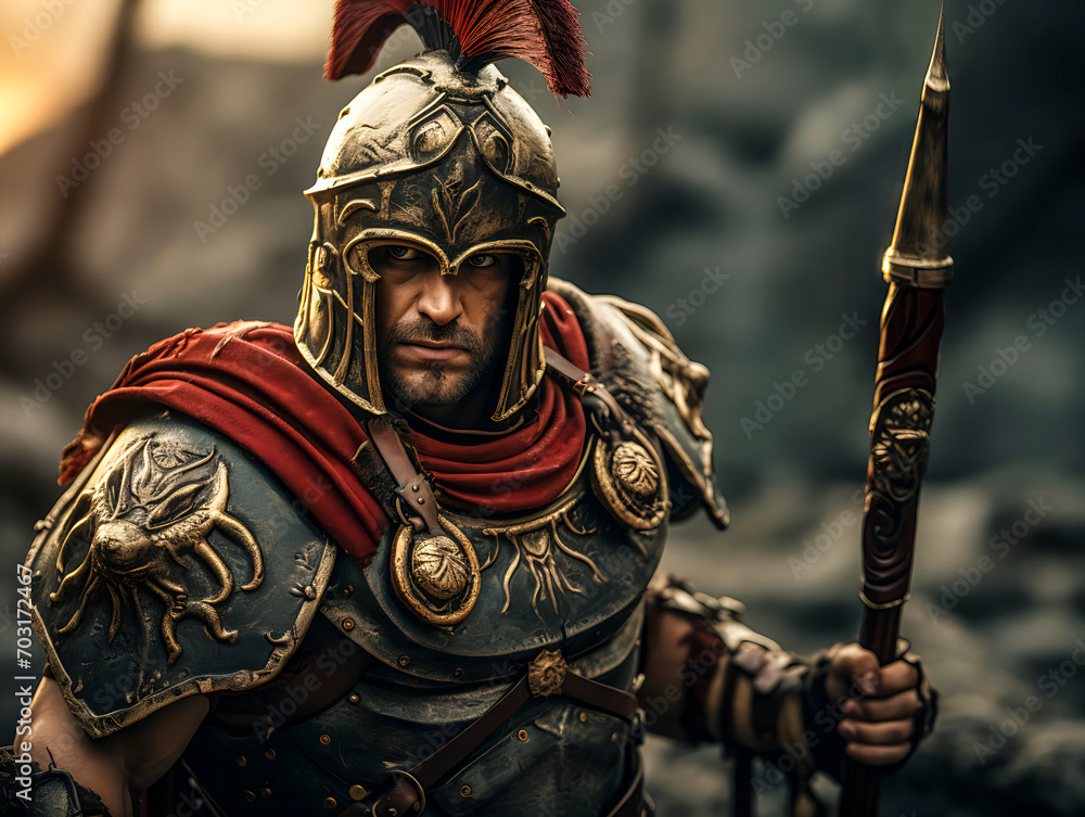 one Roman male legionary (legionaries) wear helmet with crest, long spear and scutum shield, heavy infantryman, realistic soldier of the army of  Roman Empire, on Rome background. 