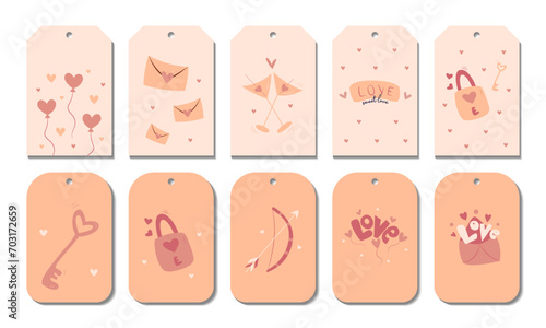 Set of hand draw valentine labels,badge isolated on white.Heart balloon, letter,envelope, martini glasses, key and lock, bow and arrow, love.Tag in doodle style. Peach fuzz,beige, pink and red colors.