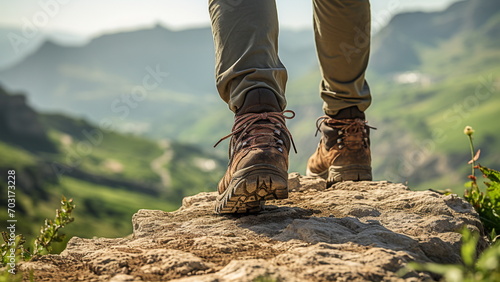 hiking boots conquering the rugged terrain with Generative AI photo