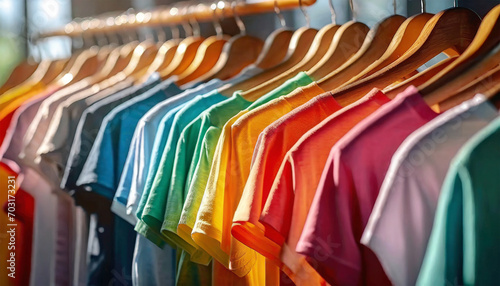 Close-Up of Vibrantly Colored T-Shirts Hanging on Racks, Apparel Backdrop