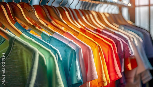 Close-Up of Vibrantly Colored T-Shirts Hanging on Racks, Apparel Backdrop