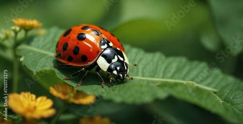 A red ladybug on a green leaf generative ai © Saim