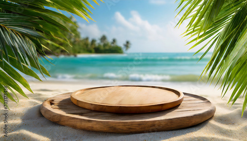 Wooden plate on the beach with a background of palm leaves © Tatiana