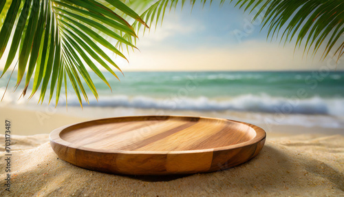Wooden plate on the beach with a background of palm leaves © Tatiana