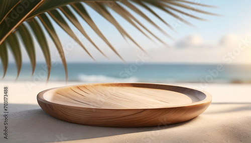 Wooden plate on the beach with a background of palm leaves