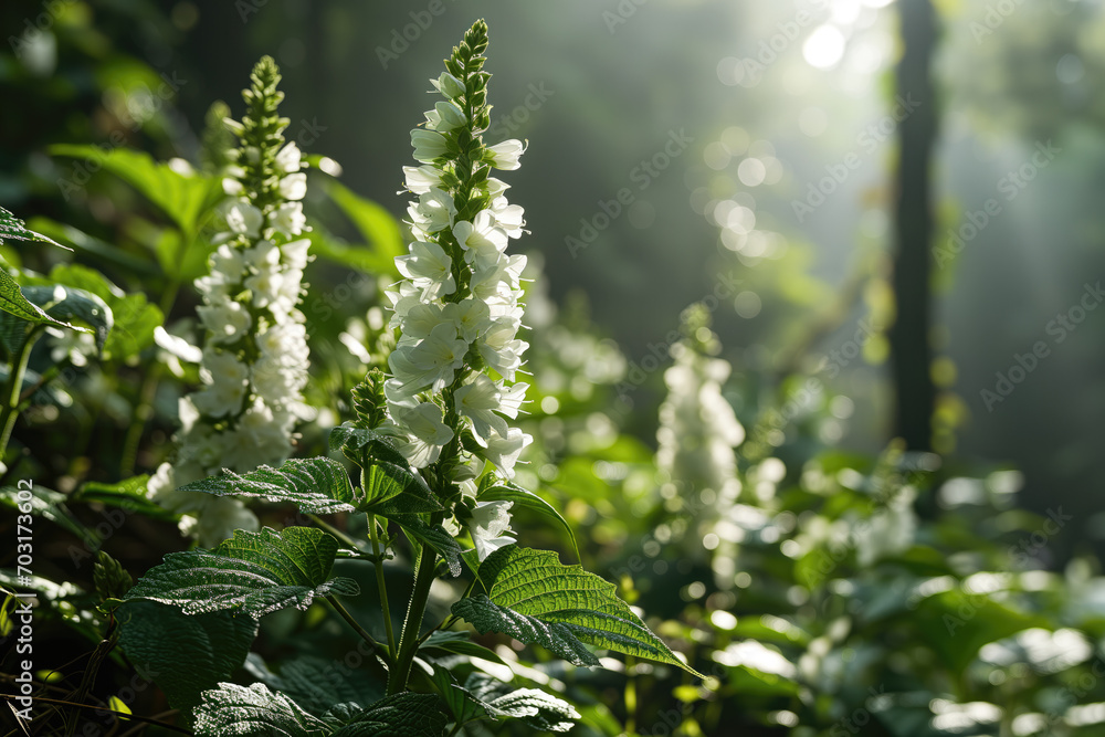 Sunlight filters through a forest canopy, illuminating white foxglove flowers amidst lush green foliage - obrazy, fototapety, plakaty 