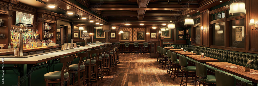Classic wooden bar interior with stools, tables, and a variety of beverages on the shelves, evoking a traditional pub atmosphere Classic wooden bar interior with stools, tables, and a variety of beverages on the shelves, evoking a traditional pub atmosphere