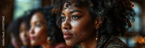 A close-up portrait of a thoughtful African American woman with curly hair, bokeh lights illuminating the background