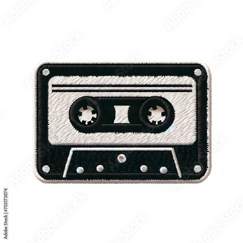 Embroidered patch badge with a retro cassette tape on a transparent isolated background in PNG format.