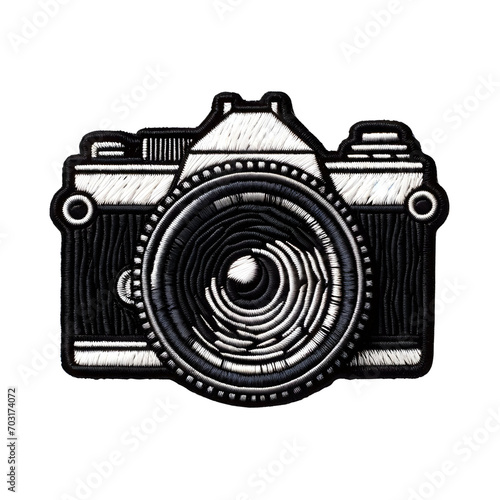 Embroidered patch badge with a retro camera on a transparent isolated background in PNG format.