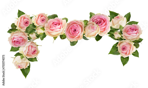 Small pink rose flowers in a floral arrangement isolated on white or transparent background. Decorative garland. photo