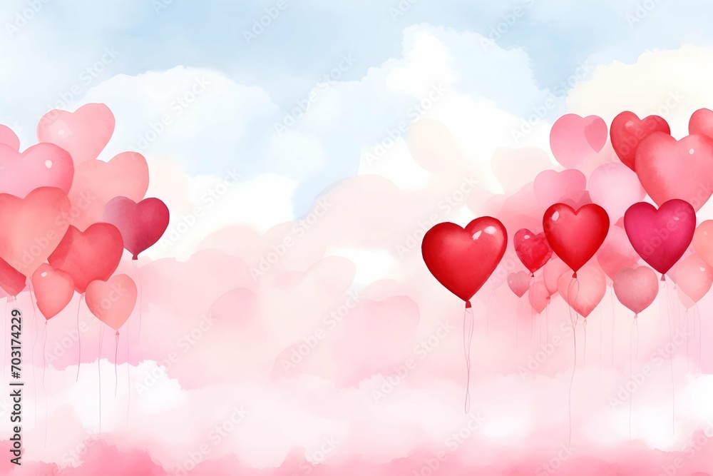 Watercolor heart shape balloons on pastel clouds with copy space background for love romance art