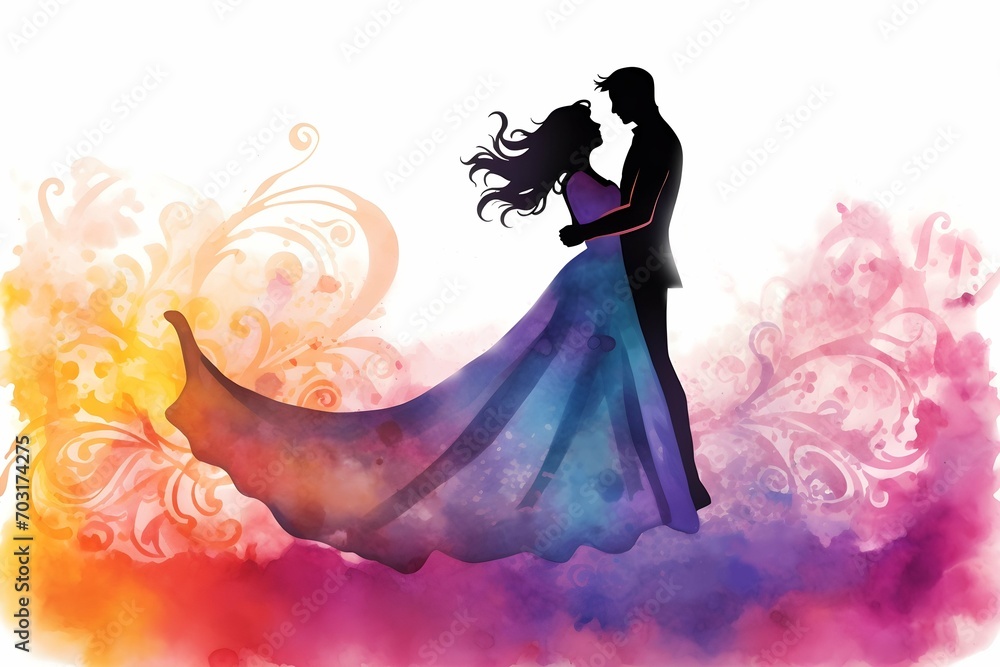 Watercolor dancing couple silhouette on colorful abstract background for wedding invitation love art