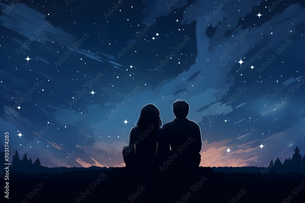 Watercolor romantic couple silhouette looking at the starry gradient night sky landscape background 