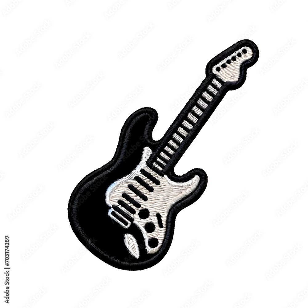 Embroidered patch badge with a guitar on a transparent isolated background in PNG format. Embroidered patch badge with a guitar on a transparent isolated background in PNG format.
