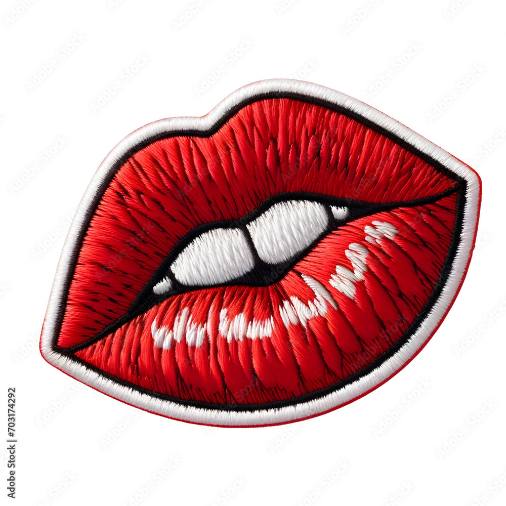 Embroidered patch badge with a classic red lips on a transparent isolated background in PNG format. Embroidered patch badge with a classic red lips on a transparent isolated background in PNG format.