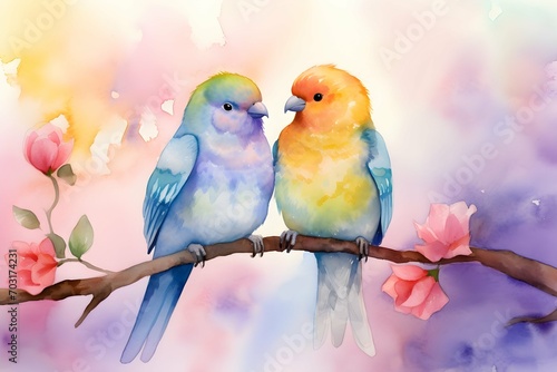 Watercolor lovebirds couple sitting on the branch with flowers in pastel color painting background