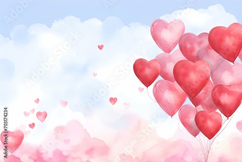 Watercolor flying valentine red heart balloons on the soft blue sky painting wall art background