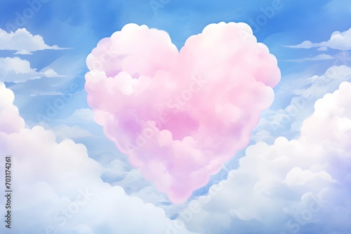 Watercolor painting of a pink heart-shaped cloud floating in the blue sky for love print cover art