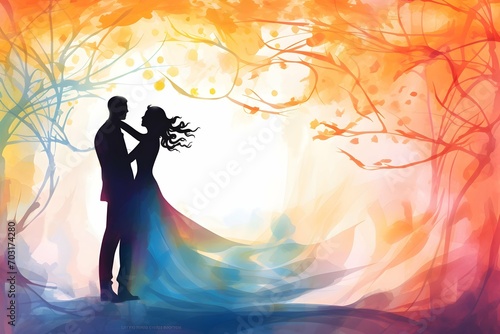 Watercolor silhouette of a dancing bride and groom couple pair on colorful abstract background 