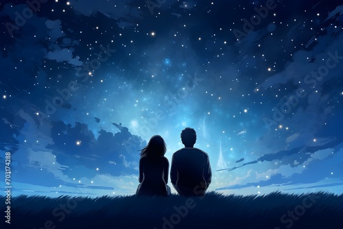 Watercolor couple sitting under night sky watching the glowing galaxy in deep blue background design