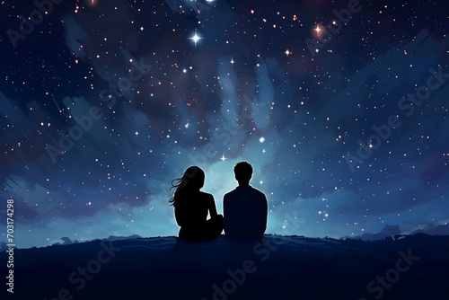 Watercolor young couple sitting under the sparkling galaxy night sky background for valentine lover  photo