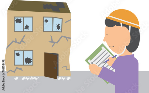 倒壊した家屋の調査を行っている人のイメージ素材