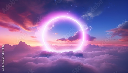 above the clouds with a glowing pink circle portal photo