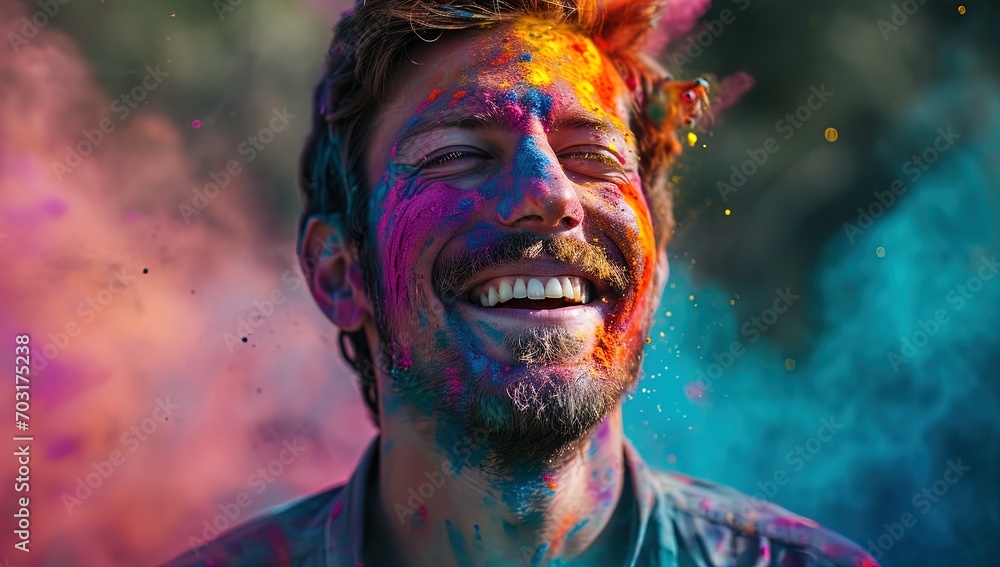 Smile through the colors! A man grins amidst vibrant powder. Photo-realistic techniques showcase a psychedelic color palette. Elevate your visuals with this vivid and expressive stock photo.