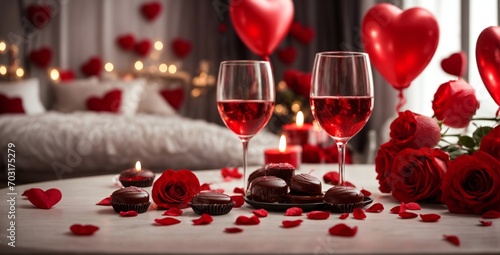 Two glasses of champagne and red roses Valentine's day background generative ai