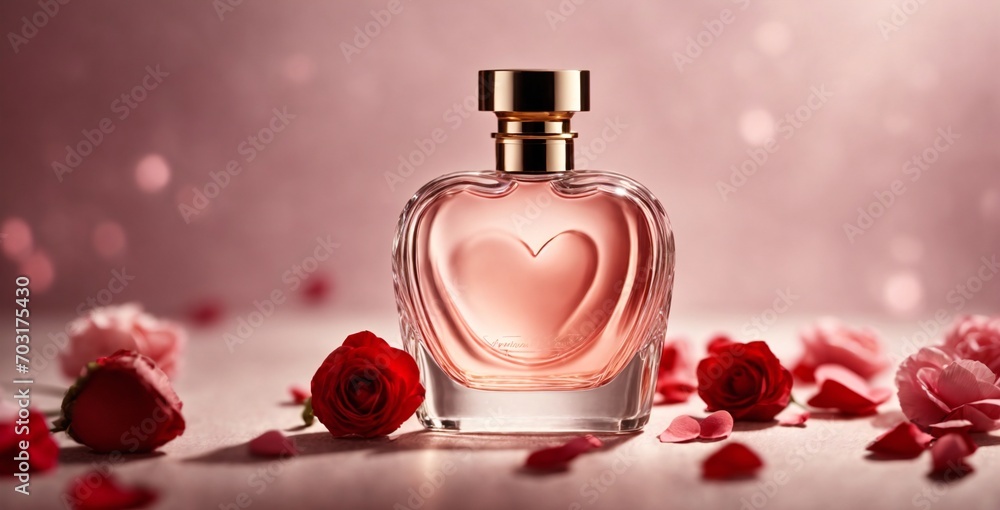 Perfume bottle and rose fresh flowers on blurred pink bokeh background Elite perfumery concept Generative AI Perfume bottle and rose fresh flowers on blurred pink bokeh background Elite perfumery concept Generative AI