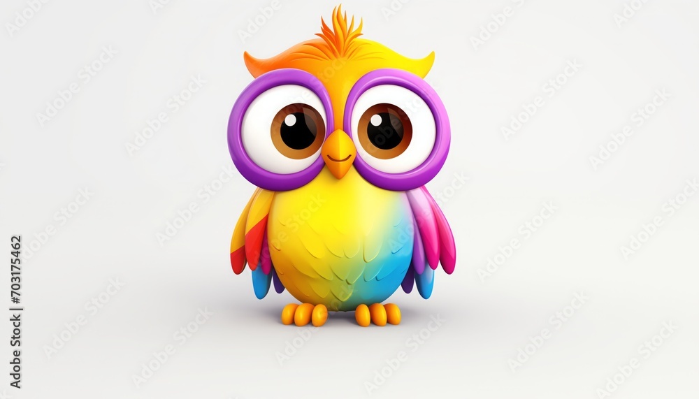 Adorable Cartoon Owl Illustration on White Background with Subtle Shadow - Cute and Playful Feathered Character Perfect for Child-friendly Designs and Whimsical Projects. Charming Owl Artwork.
