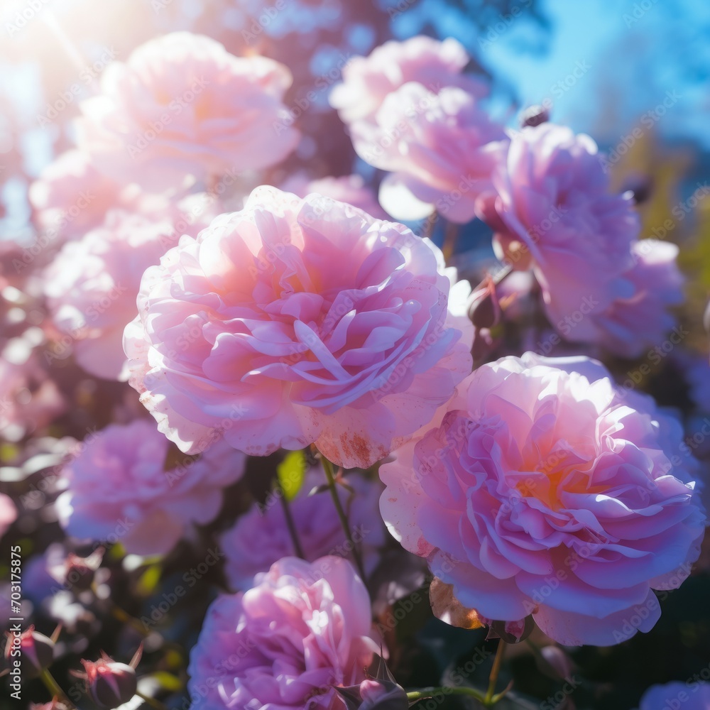 Pink Rose Blossoms Close-Up in Garden