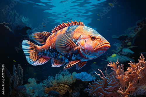 Grouper on a coral reef. Underwater world. 3d illustration. ai generated photo