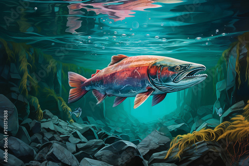 Colorful underwater scene with rainbow trout fish. 3D illustration. ai generated photo