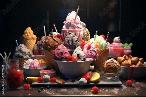 Variety of colorful ice cream in waffle cones, closeup. ai generated photo