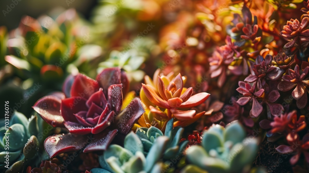 Close-up photo of a vibrant succulent Echeveria plants garden background.