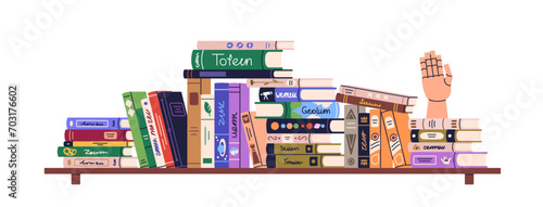 Books pile, heap in mess, disorder on shelf. Literature chaos on bookshelf, home library. Mix of art textbooks, many kids encyclopedias. Flat graphic vector illustration isolated on white background © Good Studio