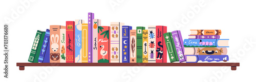 Books row on kids shelf. Bookshelf, childrens home library with fantasy and fairytale literature. Nursery reading, preschool education. Flat graphic vector illustration isolated on white background