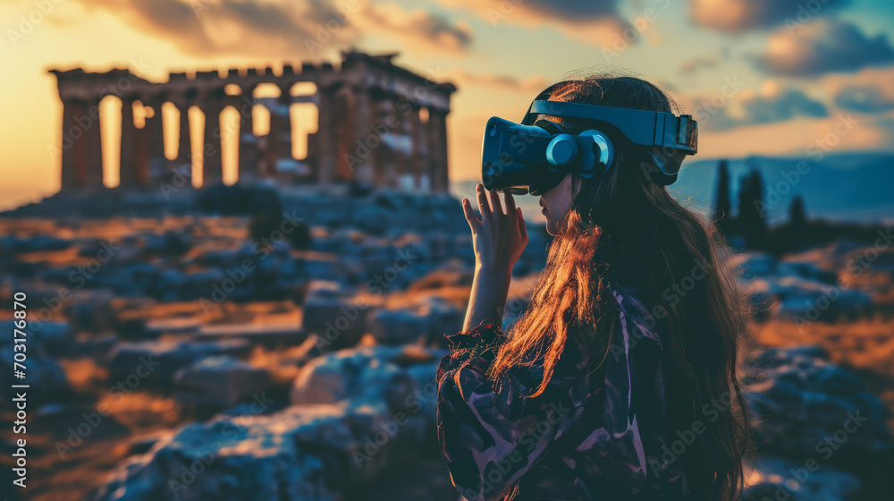 Girl using the virtual reality headset with an intact ancient Greek