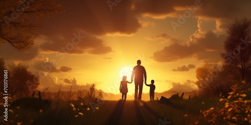 Sunset Silhouette. Familys Peaceful Bonding