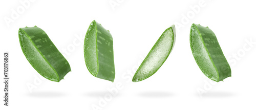 Slice of aloe vera leaf isolated on white, different angles