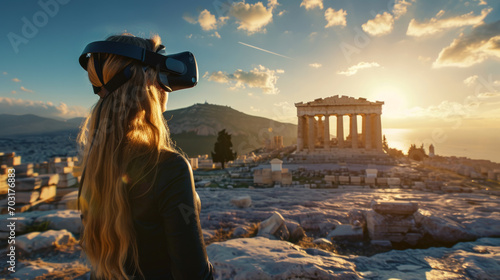 Girl using the virtual reality headset with an intact ancient Greek temple, game technology concept image