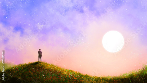Fototapeta Naklejka Na Ścianę i Meble -  human standing in the top of mountain looking at the sky among glowing star and the sun with colorful sky, digital art, illustration painting