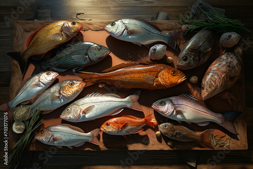 Assortment of fresh fish on a wooden background. Top view. ai generated photo