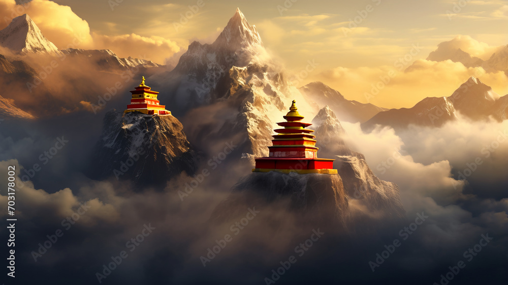 Majestic buddhist temple nestled in misty mountain surroundings at dawn exudes serenity and spiritual awakening, dreamlike tibetan temple radiates atmosphere of calm and tranquility - obrazy, fototapety, plakaty 